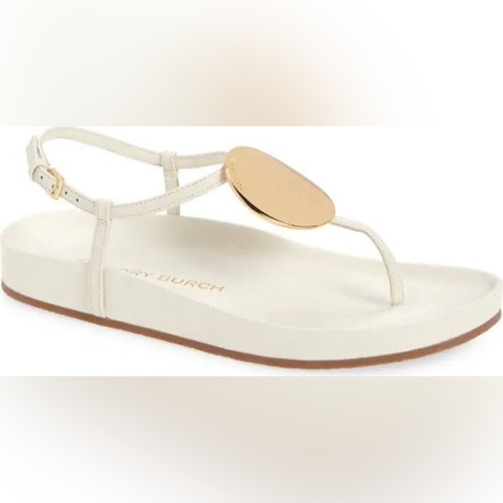 Tory Burch White Sandals with Gold Discs